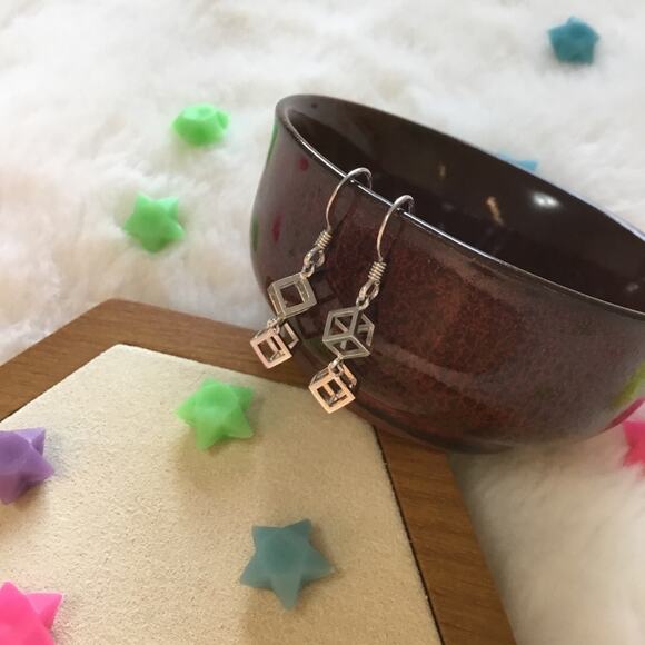 Silver Classic Mini Cube Drop Earrings - Picture 4 of 6